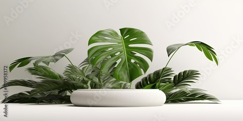 White stone podium, Cosmetic display product stand with monstera leaf on white background