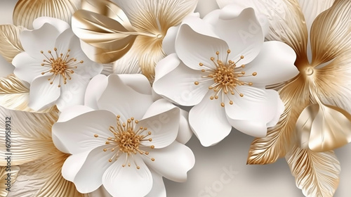 Luxury white gold flowers and leaves with paper texture.  © Aura