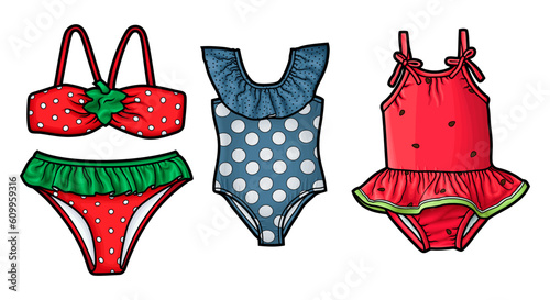 Cartoon set of doodle summer kids swimsuits.