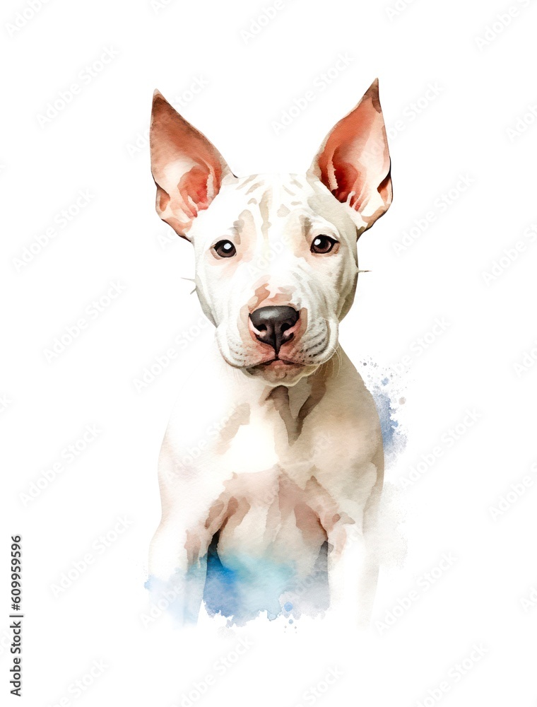 Watercolor cartoon illustration of a cute Bull Terrier puppy on white background. Generative AI.