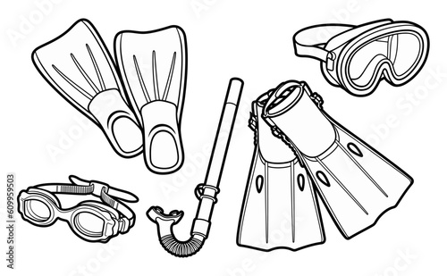 Cartoon set of cute doodle scuba diving equipment.