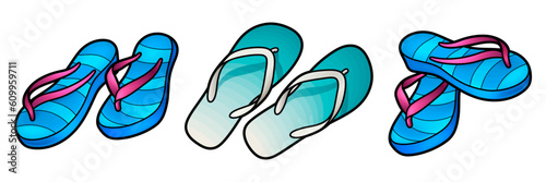 Cartoon set of doodle summer flip flops.