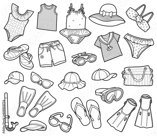 Cartoon set of doodle clothes, shoes, accessories.