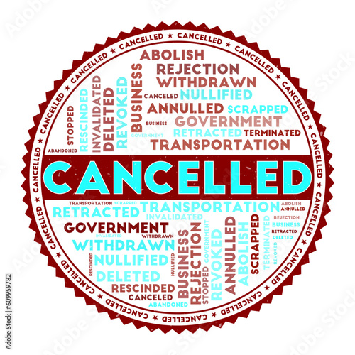 Cancelled concept with word clouds and round text. Nice colors and grunge texture. Appealing vector illustration.