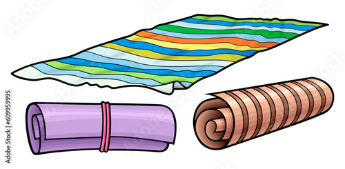 Cartoon set of cute doodle beach mats and rugs.