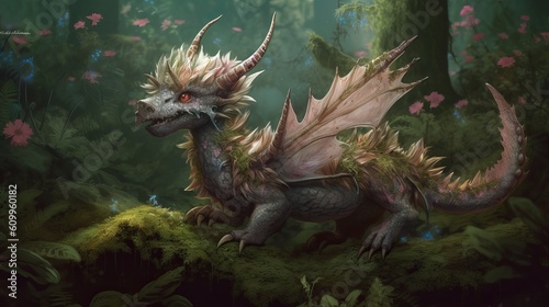 a small  adorable  hairy  fluffy  dragon dinosaur hybrid  with horns and wings  in a enchanted forest  in the style of magical animal  dragon in the sky  Generative AI