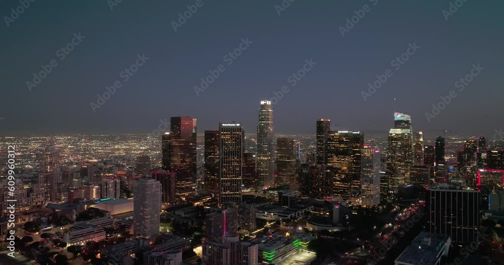Night aerial view of downtown Los Angeles, California. Downtown Los Angeles at night from drone. Night illuminated flight over Los Angeles city downtown panorama. Los Angeles night buildings skyline. Night aerial view of downtown Los Angeles, California. Downtown Los Angeles at night from drone. Night illuminated flight over Los Angeles city downtown panorama. Los Angeles night buildings skyline.