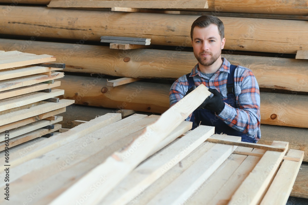 Builder holds wooden planks. Concept - sale of lumber. Builder is considering wood planks. Concept - wood processing business. wood timber stack of wooden planks. Builder holds wooden planks. Concept - sale of lumber. Builder is considering wood planks. Concept - wood processing business. wood timber stack of wooden planks.