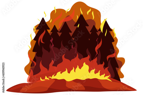 illustration of a forest fire, heavy fire and smoke, burning trees and other plants, fire 