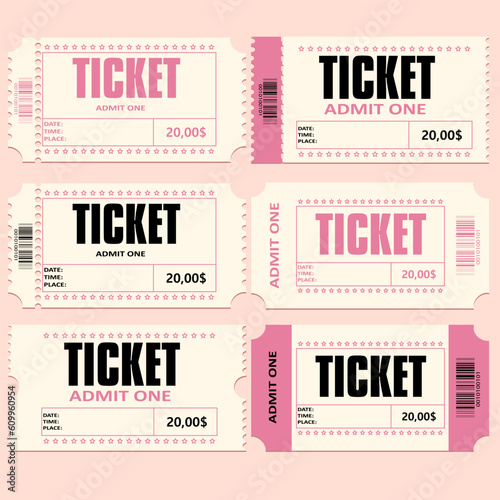 Pink tickets for various events. EPS10 vector illustration.