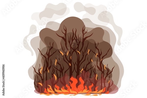 illustration of a forest fire, heavy fire and smoke, burning trees and other plants, fire 