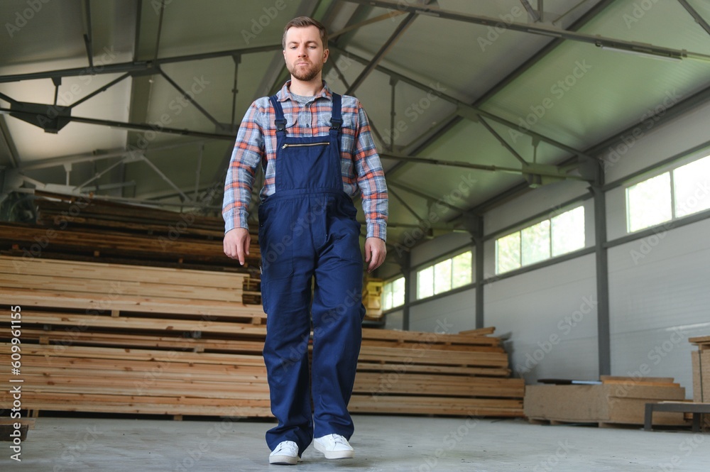 Young man carpenter at the wooden warehouse. Copy space for text