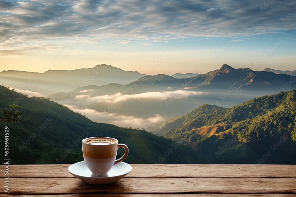 Top view serenity. Hot breakfast fresh cup of coffee on wooden table blur background Top view serenity. Hot breakfast fresh cup of coffee on wooden table blur background