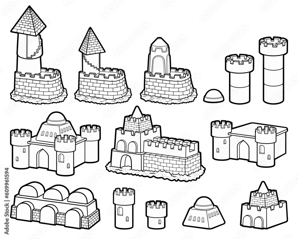 Cartoon cute doodle sand castle parts set.