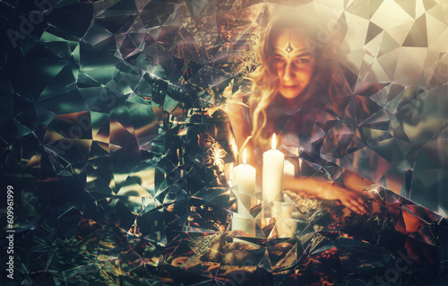 A woman explores mysticism with candles, shards, and the presence of Hecate, the goddess of magic.