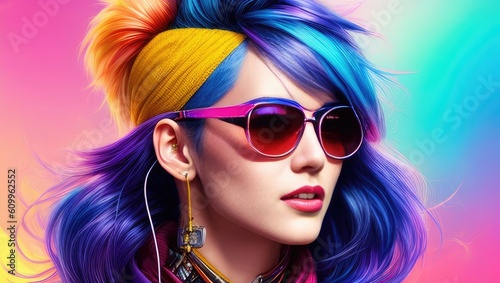 Glamorous hipster teenager in sunglasses. Portrait of millennial pretty girl with clothing and hairstyle in neon colors. Сoncept of nightclub. Generative AI