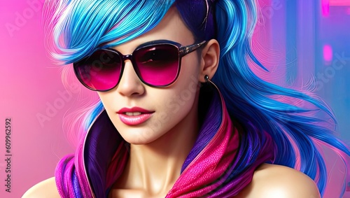 Glamorous hipster teenager in sunglasses. Portrait of millennial pretty girl with clothing and hairstyle in neon colors. Сoncept of nightclub. Generative AI