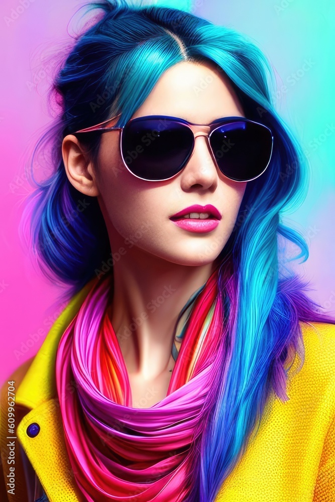 Glamorous hipster teenager in sunglasses. Vertical view portrait of millennial pretty girl with clothing and hairstyle in neon colors. Сoncept of nightclub. Generative AI Glamorous hipster teenager in sunglasses. Vertical view portrait of millennial pretty girl with clothing and hairstyle in neon colors. Сoncept of nightclub. Generative AI