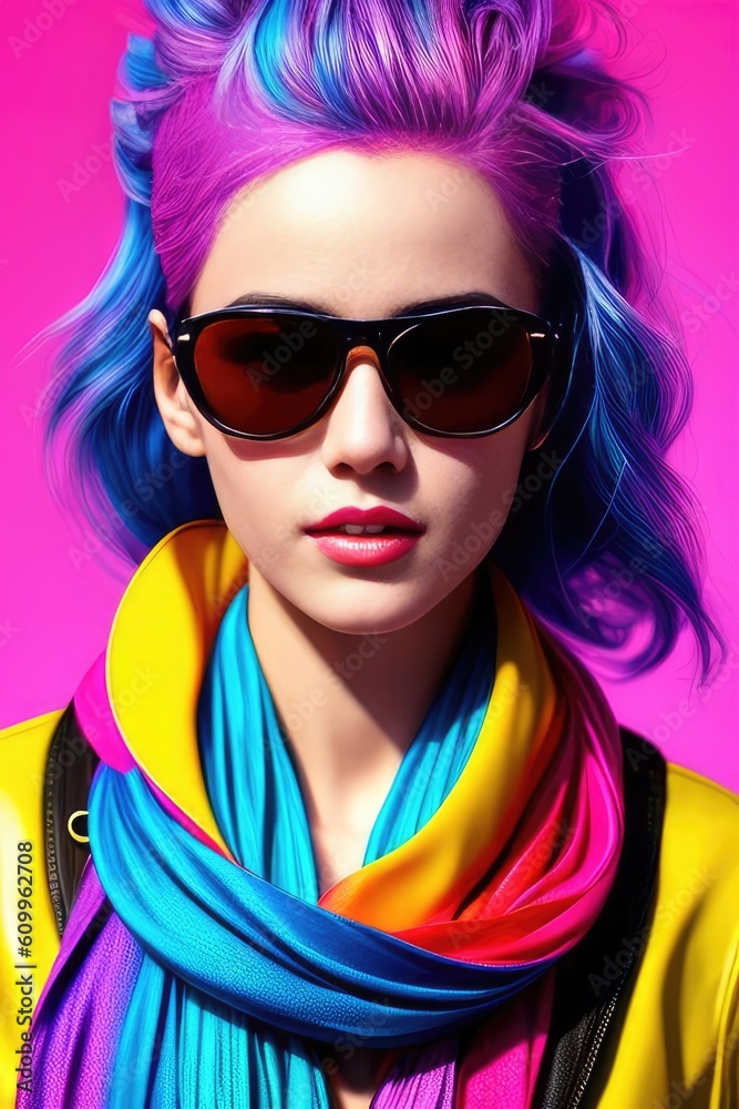 Glamorous hipster teenager in sunglasses. Vertical view portrait of millennial pretty girl with clothing and hairstyle in neon colors. Сoncept of nightclub. Generative AI