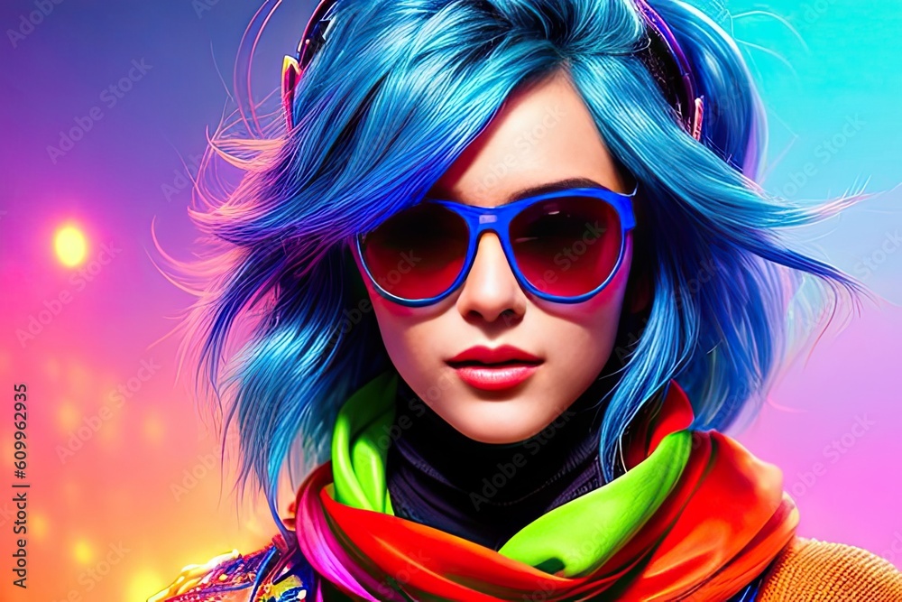 Glamorous hipster teenager in sunglasses. Portrait close up of millennial pretty girl with clothing and hairstyle in neon colors. Сoncept of nightclub. Generative AI