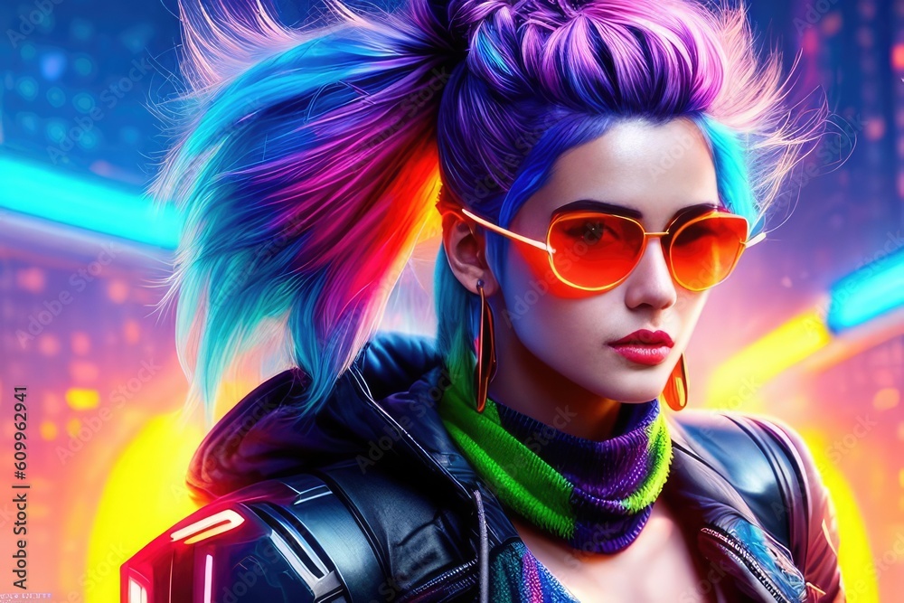 Glamorous hipster teenager in sunglasses. Portrait close up of millennial pretty girl with clothing and hairstyle in neon colors. Сoncept of nightclub. Generative AI Glamorous hipster teenager in sunglasses. Portrait close up of millennial pretty girl with clothing and hairstyle in neon colors. Сoncept of nightclub. Generative AI