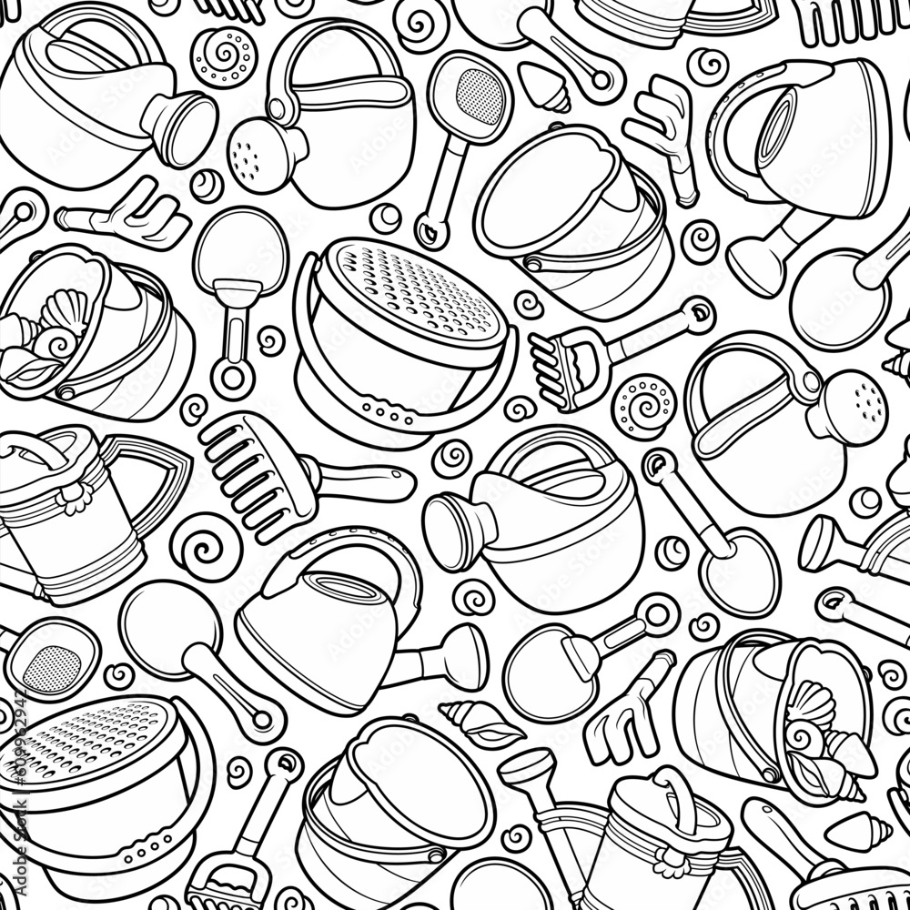 Cartoon cute doodle Sand Castle Building Toys Seamless Pattern