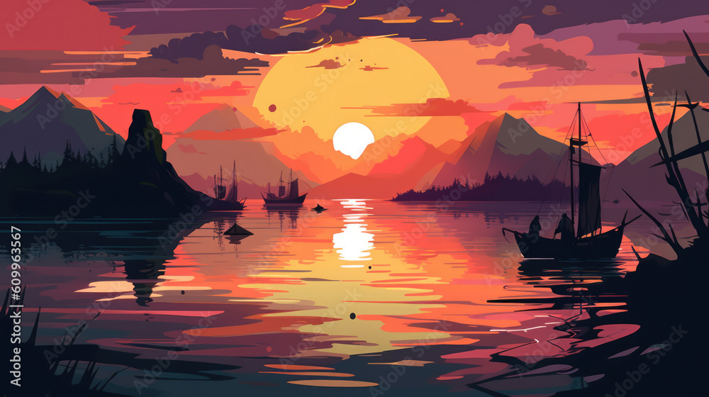 Beautiful Sunset Art with Waters Vector Style Illustration. With Licensed Generative AI Technology Assistance.