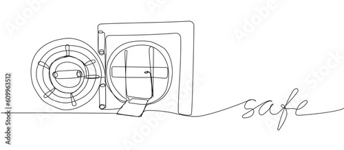 Large Safe Bank, protection, security one line art. Continuous line drawing of bank, money, finance, financial, payment, data, savings, economic, credit with an inscription, lettering, handwritten.