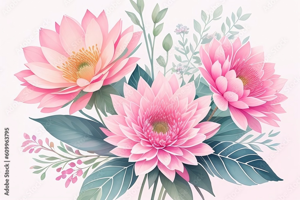 Obraz premium Watercolor drawing of beautiful pink flowers in a delicate composition. Generative AI