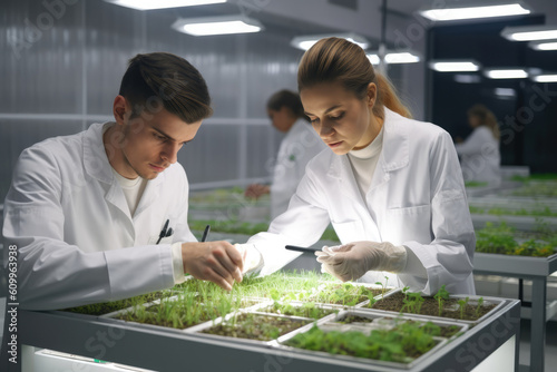 Man and woman employees wearing white lab uniform when inspecting micro greens. Generative ai