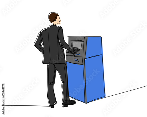 A man in a suit withdraws money from an ATM, cash machine, bank color, colored one line art. Continuous line drawing bank, money, finance, financial, payment, data, savings, economic, wealth, credit