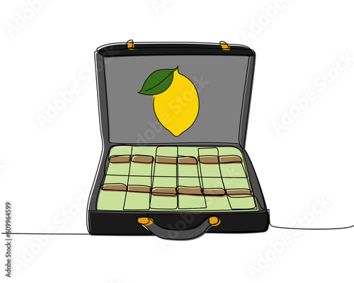 Suitcase with money with lemon, winnings, bribe, ransom money, cash, banknotes, dollars, hryvnia, euro color, colored one line art. Continuous line drawing of bank, money, payment, data, savings,