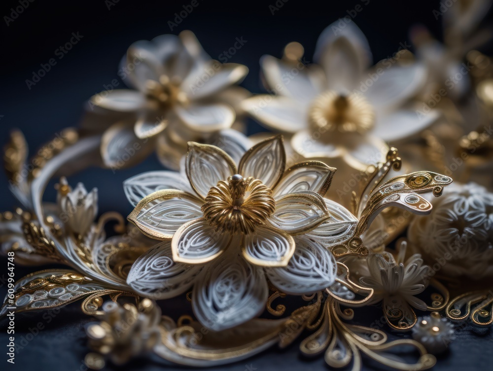 Fototapeta premium Paper made flowers Quilling craft technic white and gold abstract background lines Created with Generative AI technology