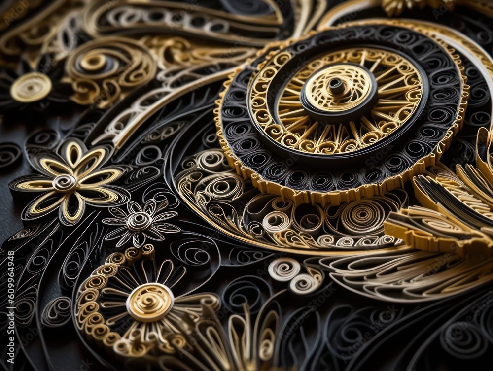 Paper made Quilling craft technic black and gold abstract background lines Created with Generative AI technology