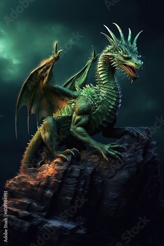 Green dragon sitting on a stone rock. Generate Ai. Generative AI