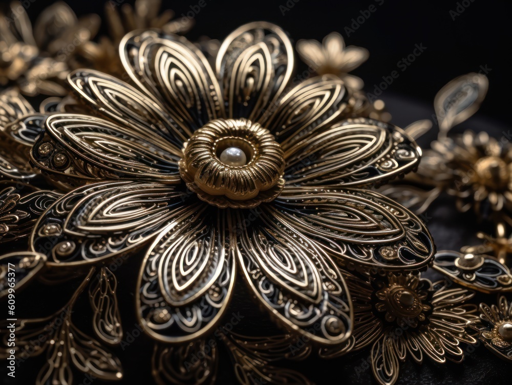 Paper made flowers Quilling craft technic black and gold abstract background lines Created with Generative AI technology