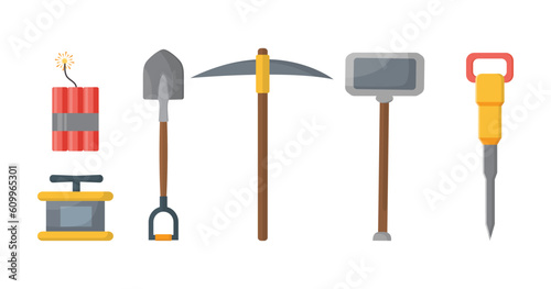 Mining industry equipment. shovel, lantern, explosives with a detonator, drilling machine, coal mining industry equipment.