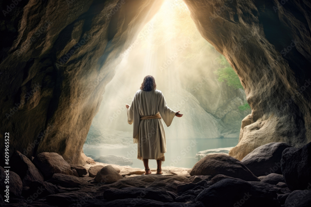 Jesus Christ in prayer with the Father at a cave entrance with sunlight ...