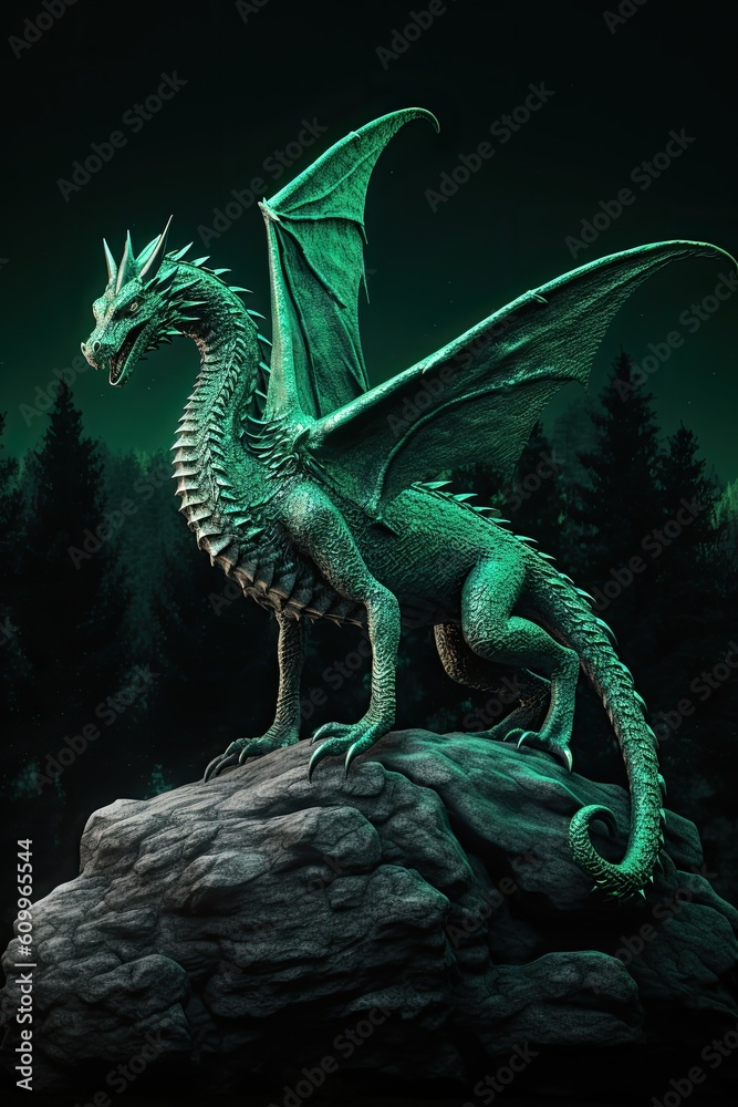 Obraz premium A large emerald dragon stands on a rock against a dark background at night. Generate Ai. Generative AI