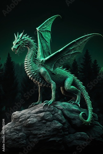 A large emerald dragon stands on a rock against a dark background at night. Generate Ai. Generative AI