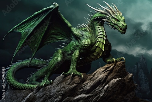 A large emerald dragon with open wings on a rock. Generate Ai. Generative AI © foto.katarinka
