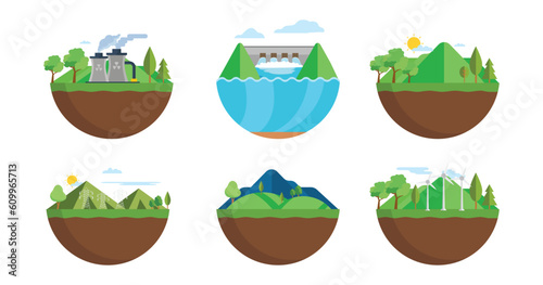 Alternative energy and power plants and green power generation stations, isometric vector.