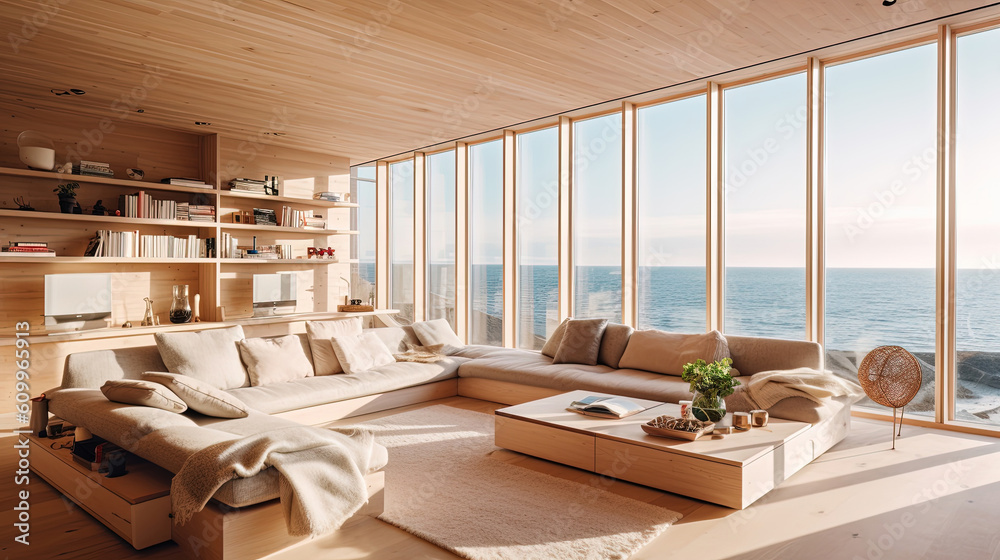 Modern interior design with view on the ocean Modern interior design with view on the ocean