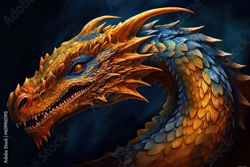 The symbol of the year according to the Chinese calendar. Orange dragon head with horns on a dark background. Generate Ai. Generative AI © foto.katarinka