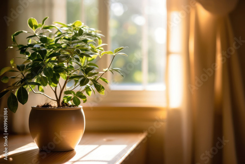 generative AI green plant close to window in a sunny day