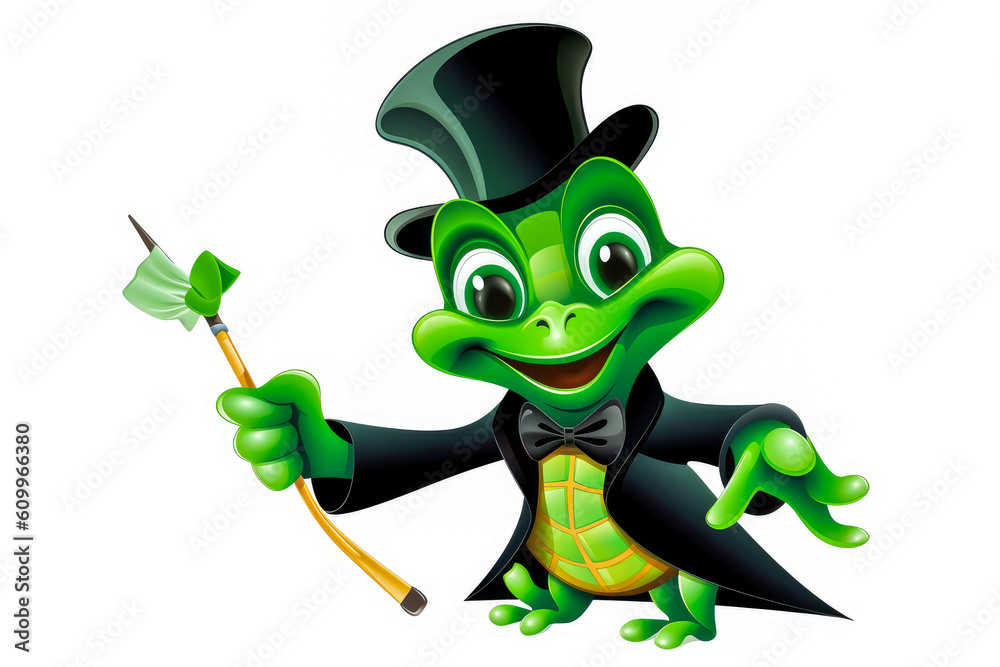 Enchanting green turtle mascot in magician attire, featuring a top hat and waving magic wand on a clean white background. Captivating emotional appeal for your creative projects. Generative AI Enchanting green turtle mascot in magician attire, featuring a top hat and waving magic wand on a clean white background. Captivating emotional appeal for your creative projects. Generative AI