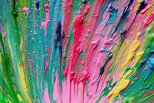 Generative AI illustration of close up of a colorful painting with drops of water on it