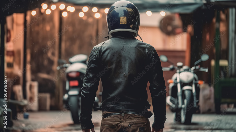 A man stands with his back to the camera next to a motorcycle with a helmet in his hands