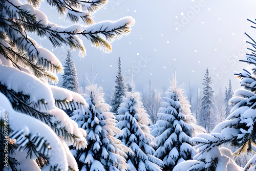 Trees in the snow and frost in winter. Generative AI