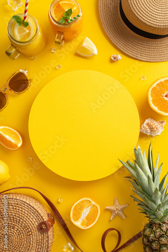 Dive into a world of summer bliss with enticing cocktail drinks. This top vertical view flat lay presents a bag, sunhat pineapple, cocktails, citrus fruit on vibrant yellow background, an empty circle
